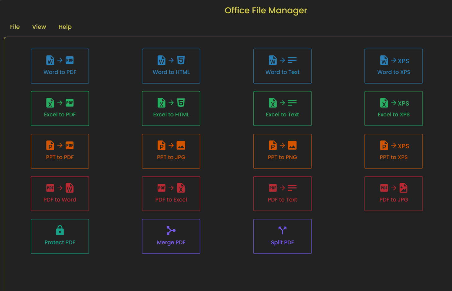Office File Manager home screen showing a grid of 19 conversion tools grouped by Word, Excel, PowerPoint and PDF