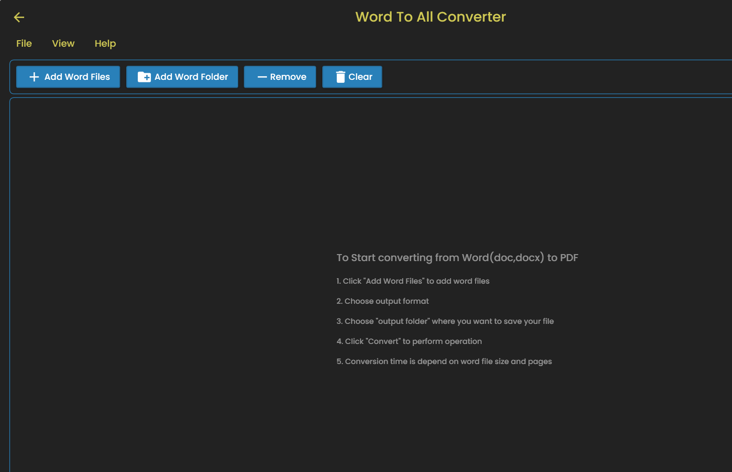 Word to PDF screen with Add Files, Add Folder, Remove and Clear buttons